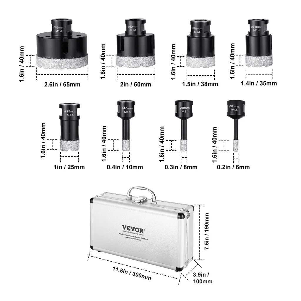 VEVOR Jeu de carotteuses diamantées 8 pièces Ø 6-65mm avec coffret - 8