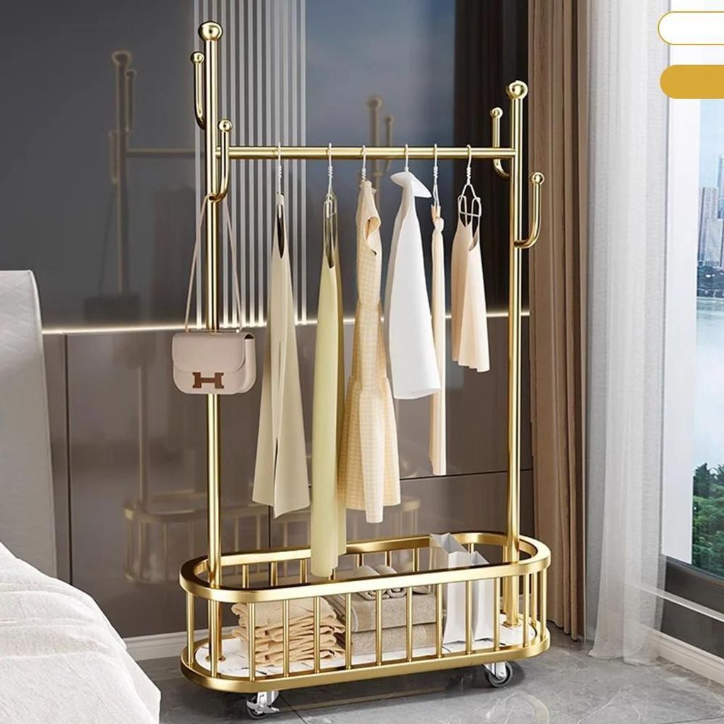Kleiderständer - Freistehende Garderobe - Mit Rollen - Kleiderstange mit Ablage - Eisen - Gold