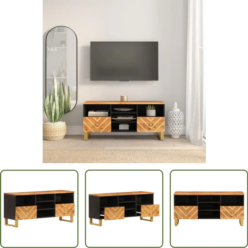 The Living Store Mobile TV marrone e nero 100x33,5x46 cm in legno massiccio di mango