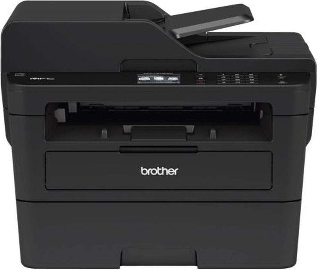 A black Brother multifunction printer is shown from the front.