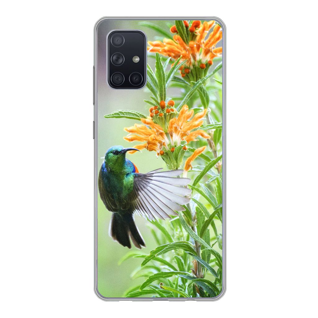 MuchoWow Handyhülle Schutzhülle Hülle für Samsung Galaxy A51 5G Nahaufnahme eines bunten Vogels neben Pflanzen mit orangefarbenen Blüten Sil...
