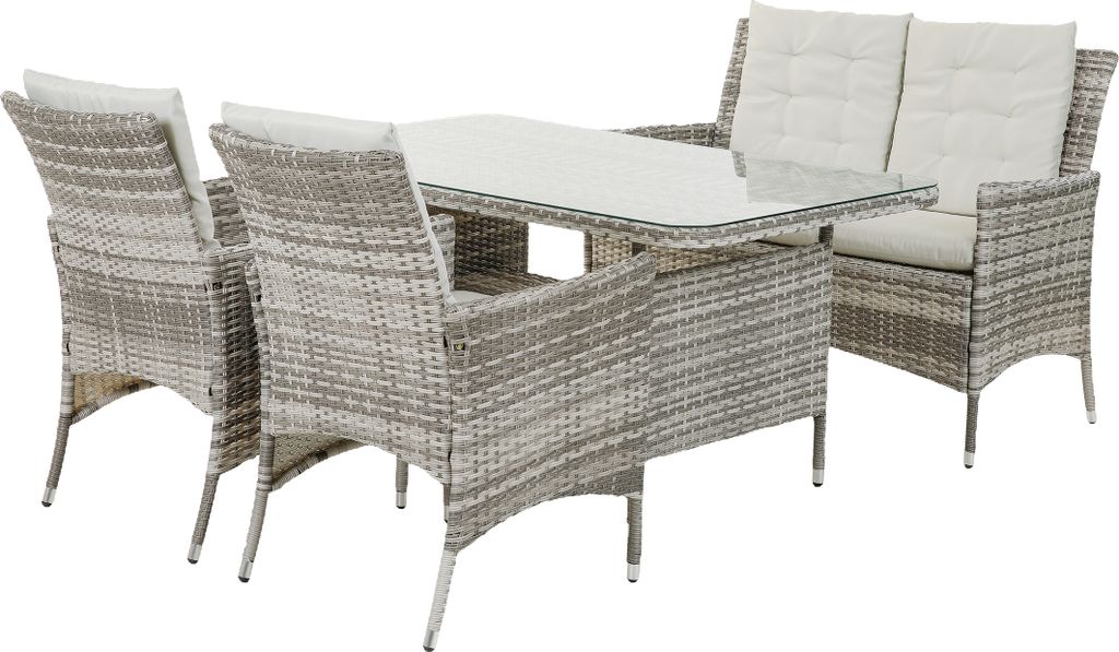 greemotion Dining Set Parma 4-teilig, Polyrattan Gartenmöbel Sofa- Set, Kissen Grau