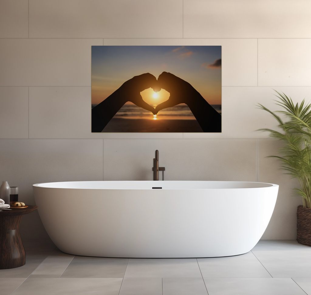 Wallario wasserfestes Poster selbstklebend 91,50 x 61 cm, Liebe im Herzen der Sonne - Strand und Meer, Badezimmerposter Spritzschutz mit Hochglanzo...