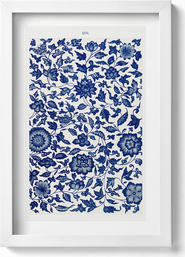 Vintage-Blumenmuster– Wandbild mit Rahmen – Gerahmtes Bild – Wanddekoration – 20x30 cm – Weiß