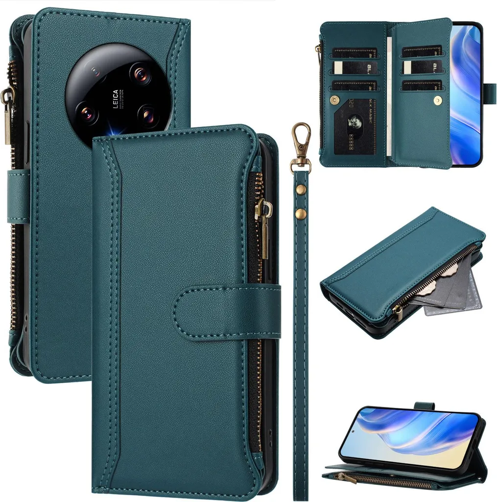Custodia Xiaomi 13 Ultra Verde in Finto Cuoio con Cerniera e Portafoglio - 1