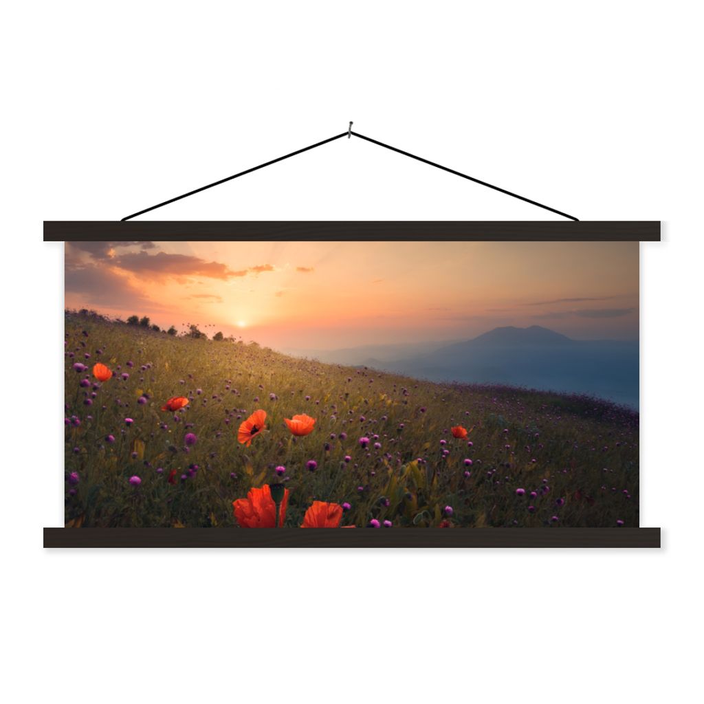 MuchoWow Textilposter Blumenfeld - Gras - Pflanzen - Sonnenuntergang - Orange 120x60 cm mit schwarzem Rahmen - Dekoration Schlafzimmer