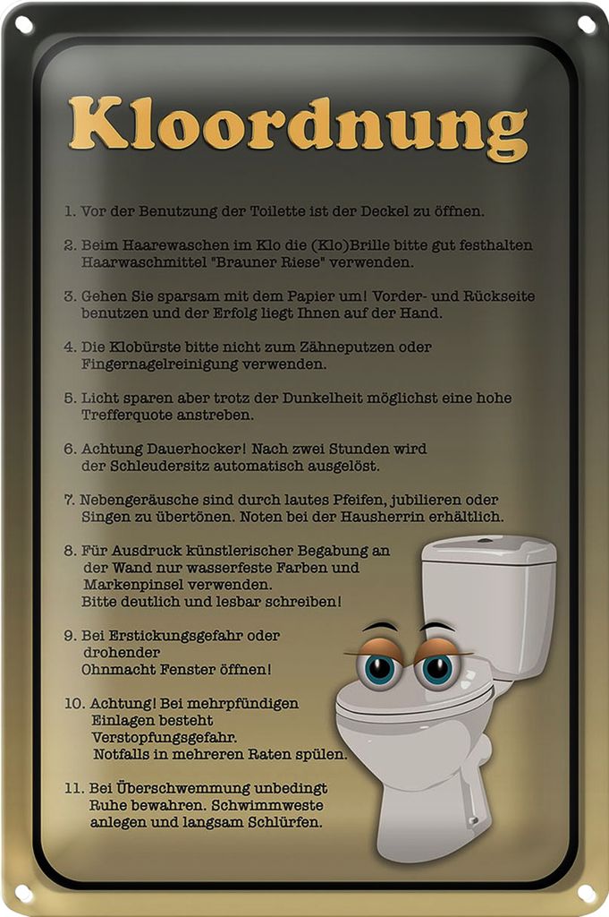 Blechschild Spruch 20x30cm Kloordnung Toilette WC Regeln