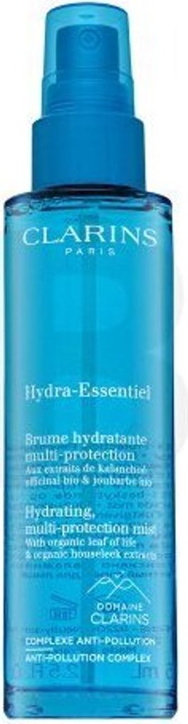 A product shot of a blue spray bottle of Clarins Hydra-Essentiel mist.