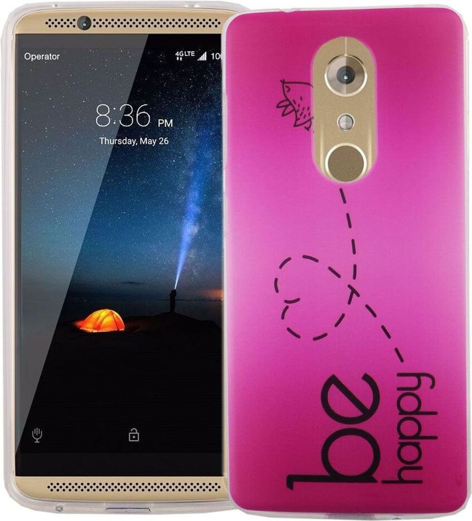 Handy Hülle für ZTE Axon 7 Cover Case Schutz Tasche Motiv Slim Silikon TPU Be Happy Pink