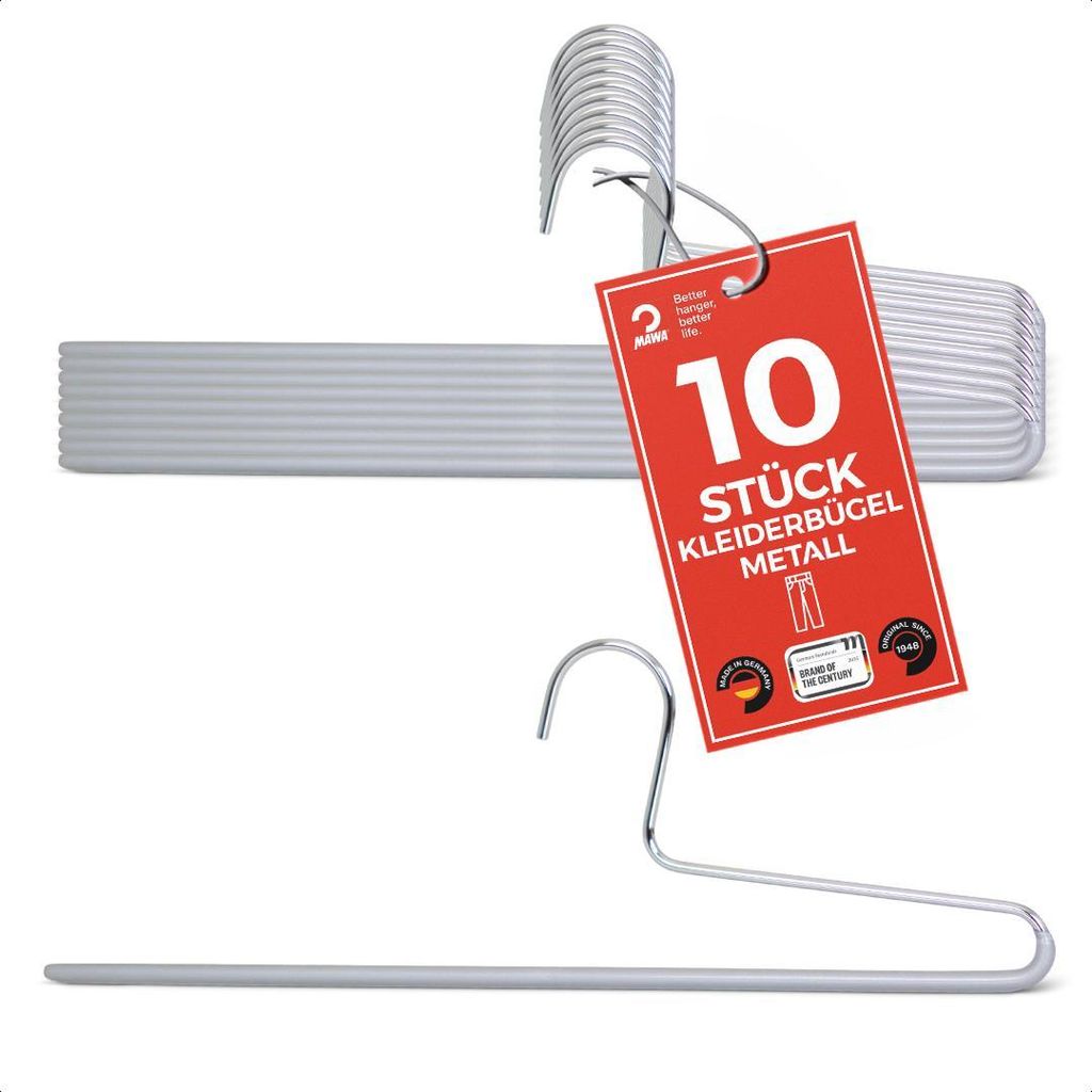MAWA Hosenbügel, 10er-Set, rutschfest, 38 cm, Silber, ideal Produktbild 