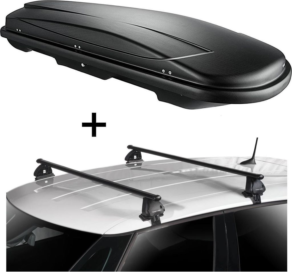 Dachbox VDPJUXT600 600 Liter abschließbar + Dachträger VDP EVO Stahl kompatibel mit Daewoo Lanos 5 Türer 1997-2005