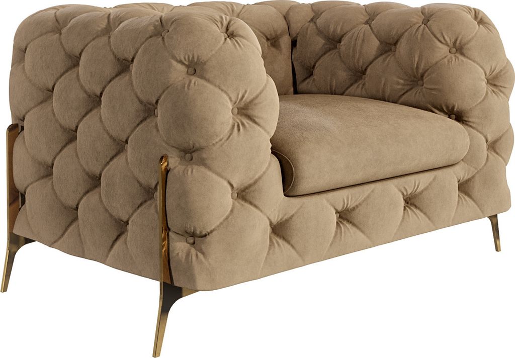 S-STYLE MÖBEL - Chesterfield Sessel Nova mit Goldene Metall Füßen aus Beige Samtstoff, B/T/H: 125 cm / 100 cm / 75 cm