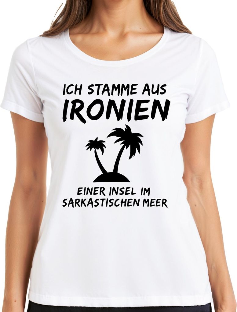 Ich stamme aus Ironien einer Insel Sarkastisch Humor Palmen Damen T-Shirt, Weiß, M