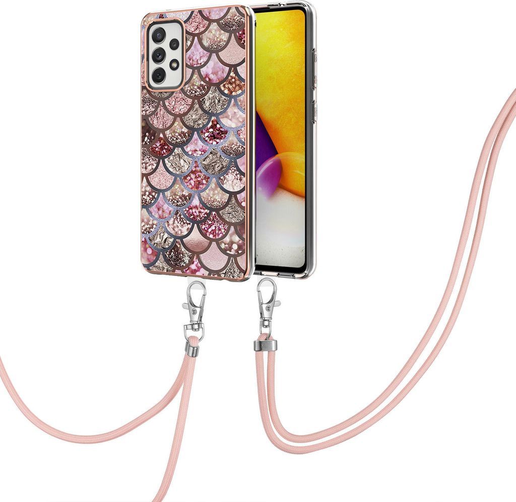 Handykette Hülle für Samsung Galaxy A72 5G/4G Muster TPU Schutzhülle mit verstellbarem Tragegurt Kaffee