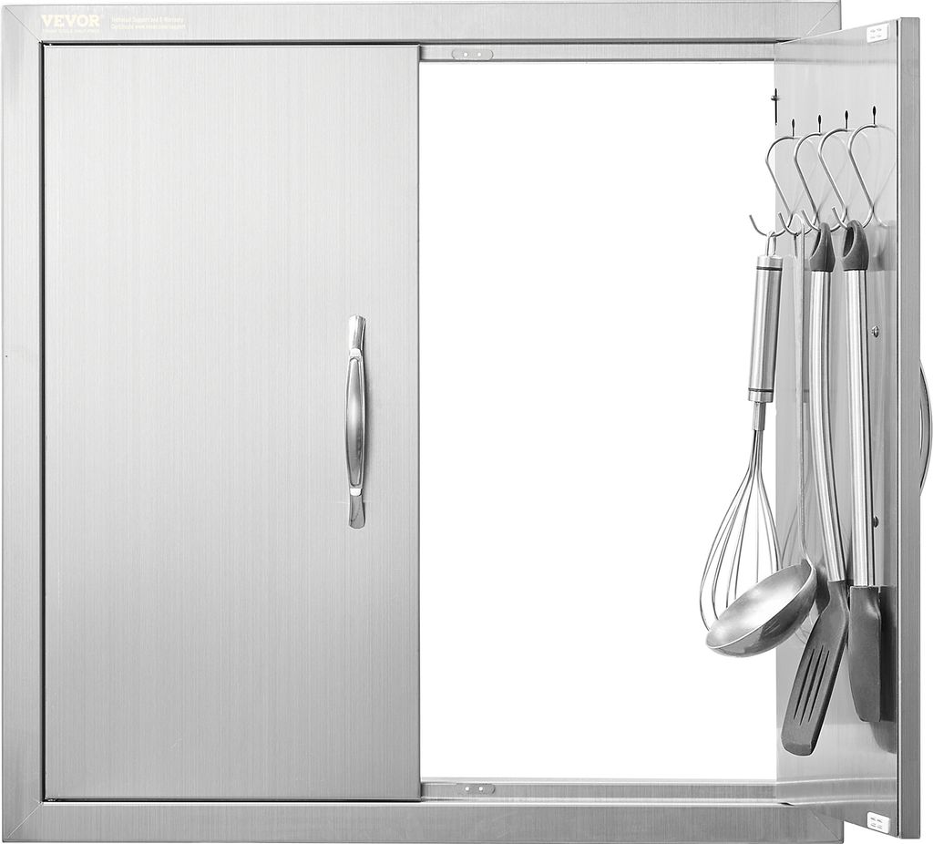 A stainless steel grill access door with a handle and hooks for utensils.