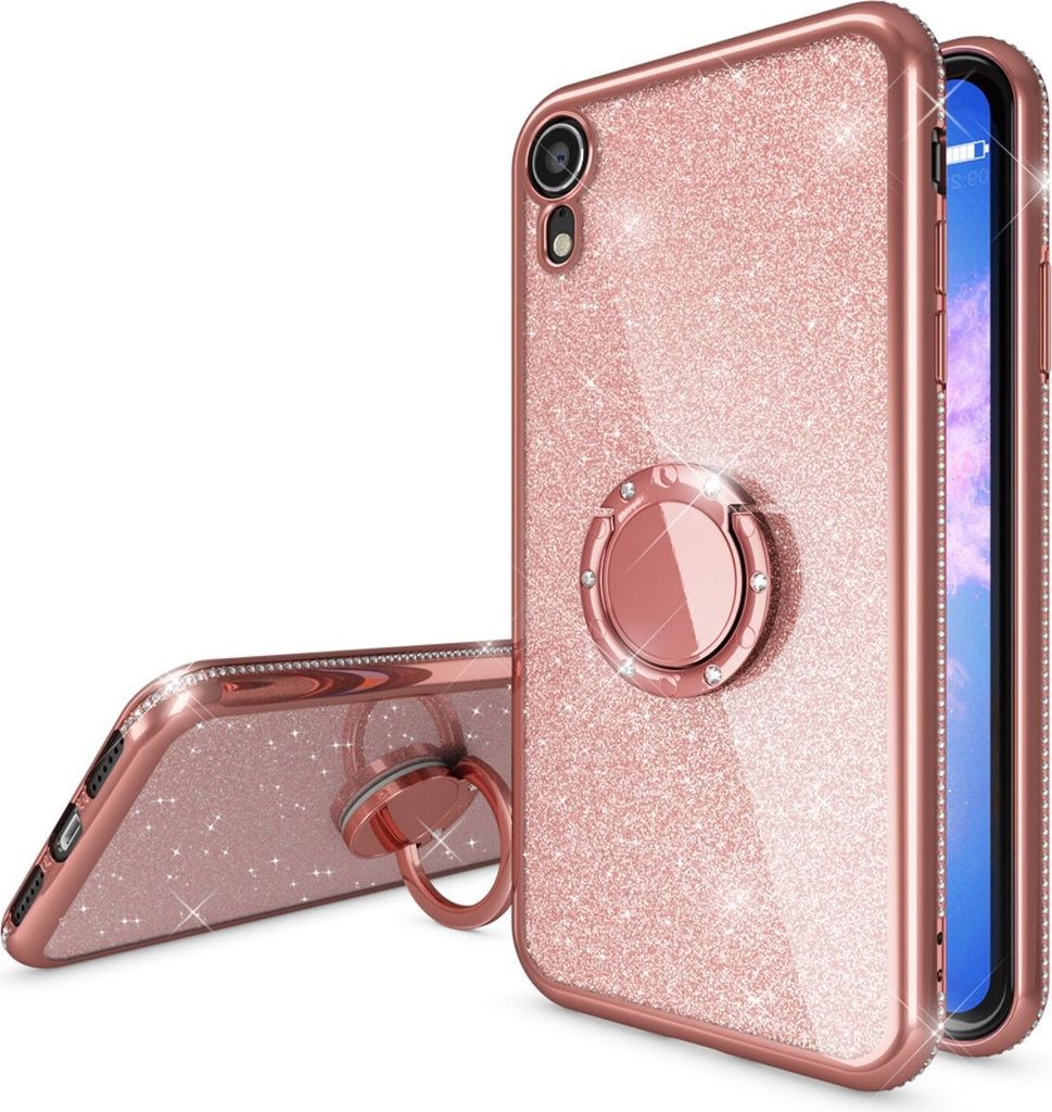 NALIA Ring Hülle für Apple iPhone XR, Glitzer Handy Hülle Silikon Cover Case Rose Gold