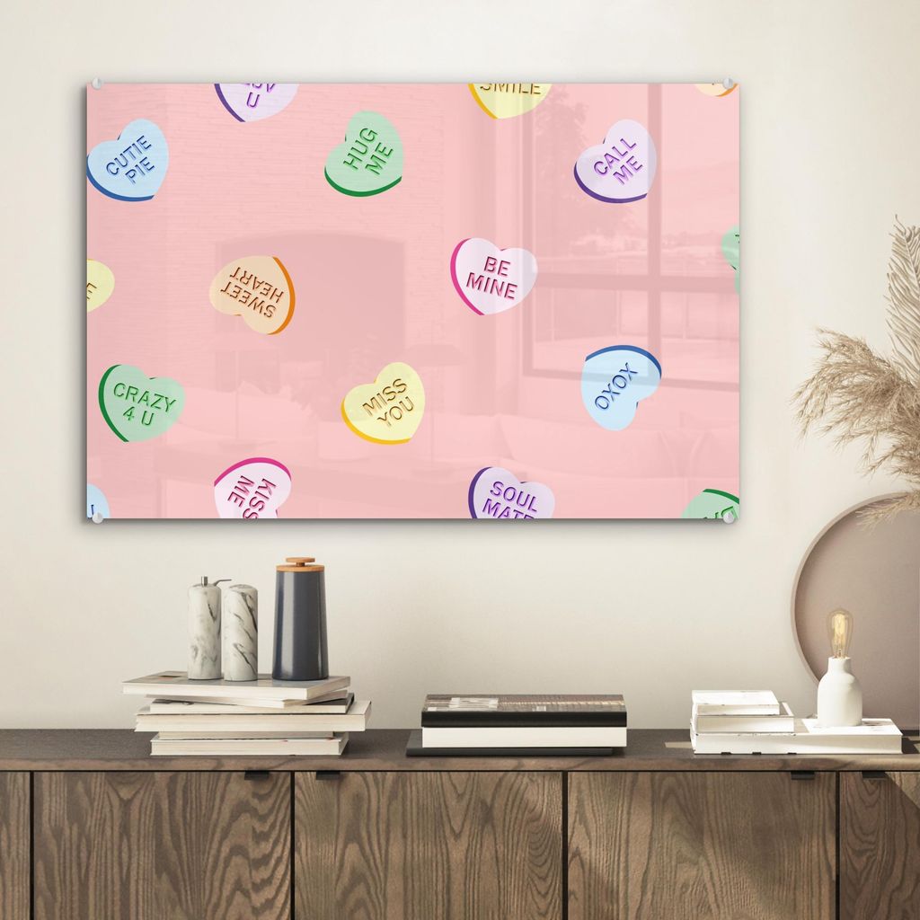 MuchoWow Glasbilder - Bilder auf Wandbild - Foto auf Glas Herz - Bonbon - Pastell - Text 60x40 cm Wanddekoration aus Glas - Acrylglasbild - Acrylbi...