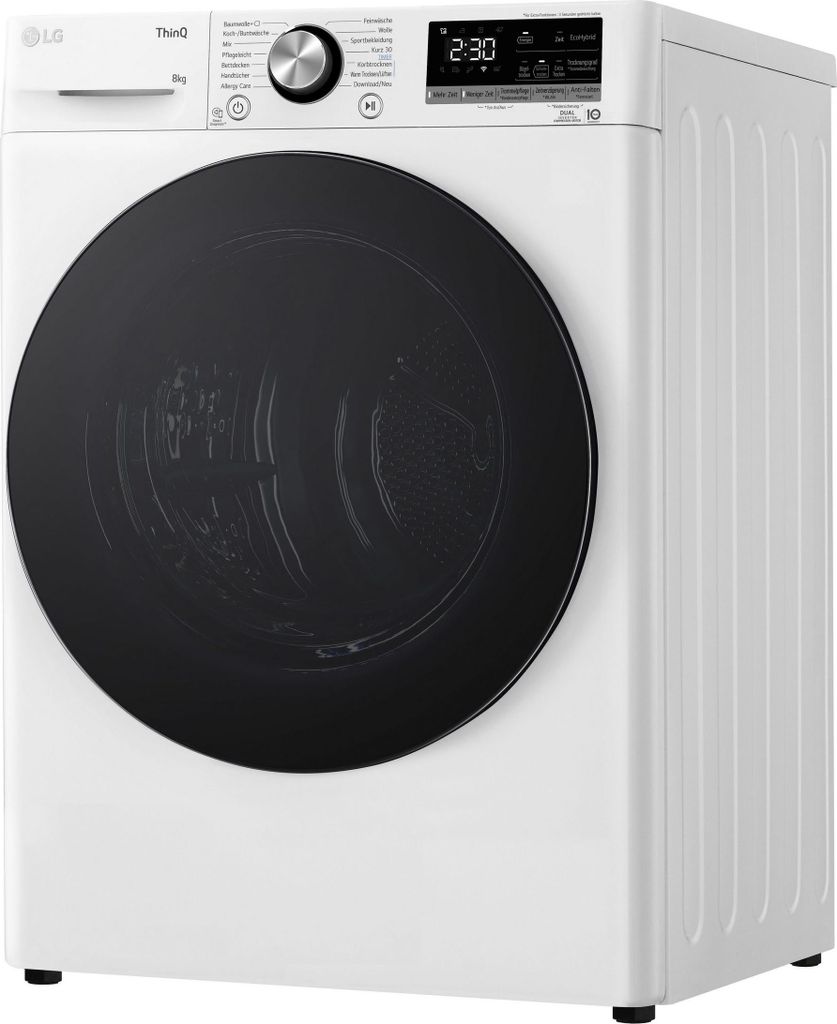 A white LG dryer with a black door and control panel.