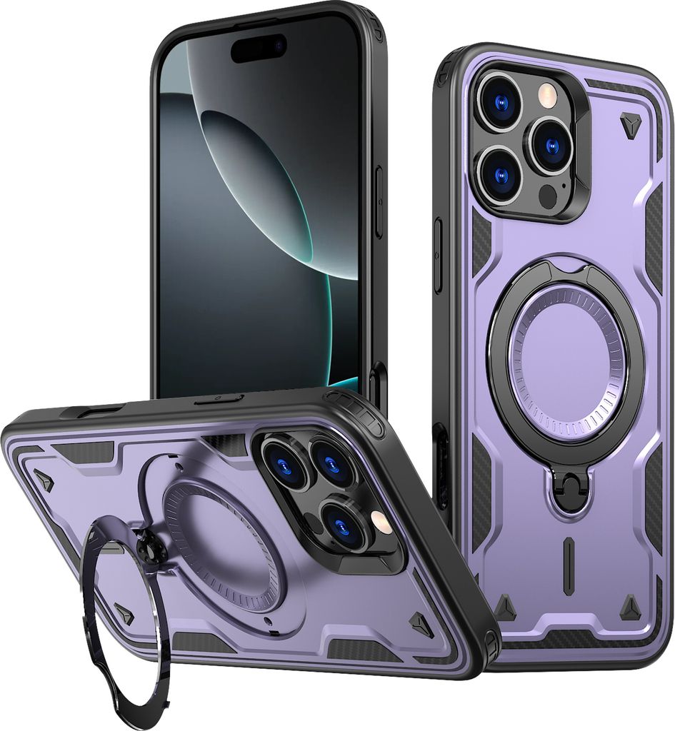Dual Layer Hülle für iPhone 16 Pro Max Metall Ring Ständer Magnetisch Stoßfest Militär Handyhülle Lila
