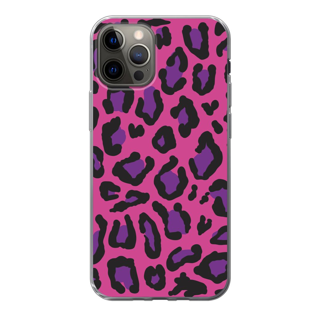 MuchoWow Handyhülle Schutzhülle Hülle für iPhone 13 Pro Pantherdruck - Rosa - Lila Silikon Softcase Handy Hülle - Handy-Tasche