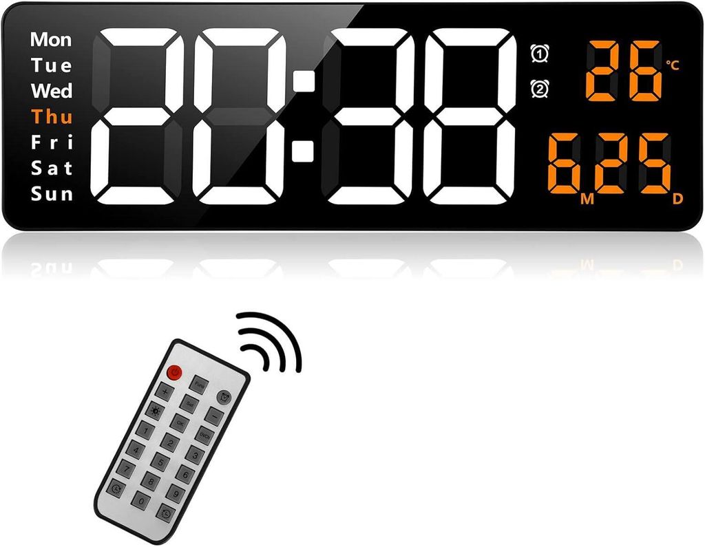 MODFU Digitale Wanduhr, USB-Wanduhr mit großem Display, LED-Digitaluhr mit Fernbedienung, Timer und Countdown, große Uhr mit Datum, Wochentag, Te...