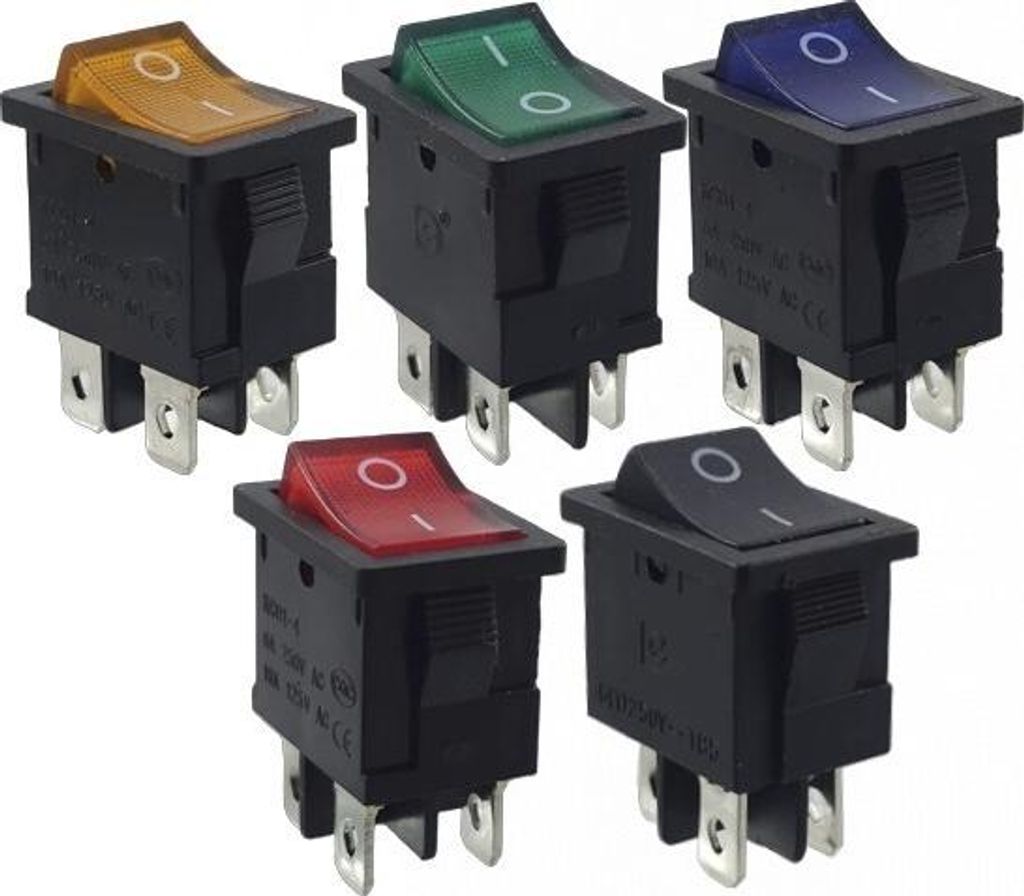 5 -Einbau Wippschalter Set, Rahmenmaße 21 x 15 mm, 6 A, 250 V 4Pins, beleuchtet