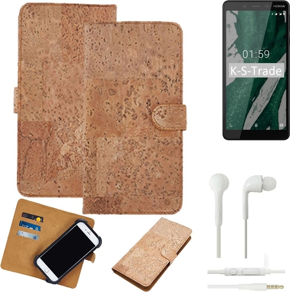K-S-Trade Hülle kompatibel mit Nokia 1 Plus + in ear Kopfhörer Kork Handyhülle Cover Schutzhülle TPU Case Bumper in Hellbraun, (1x)