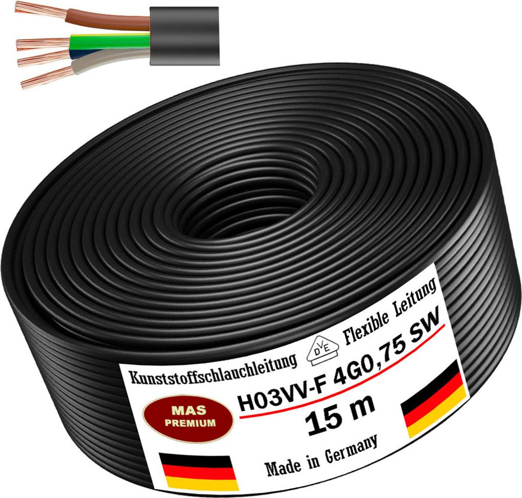 15m Kunststoffschlauchleitung H03VV-F 4G0,75 Schwarz Leitung Gerätekabel
