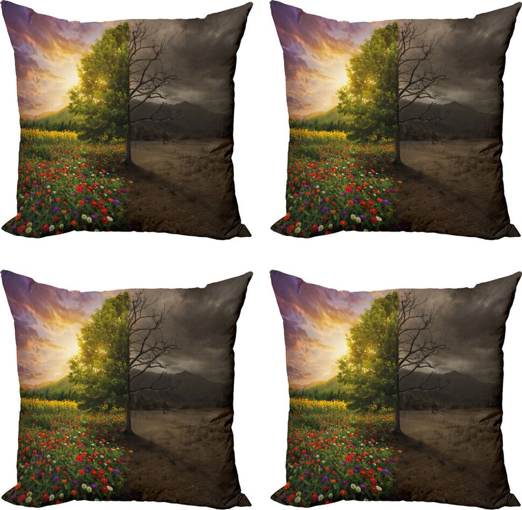 ABAKUHAUS Natur Kissenbezug Set (4 Stück), Leben und Tod Theme, Moderner Doppelseitiger Digitaldruck, 45 cm x 45 cm, Mehrfarbig
