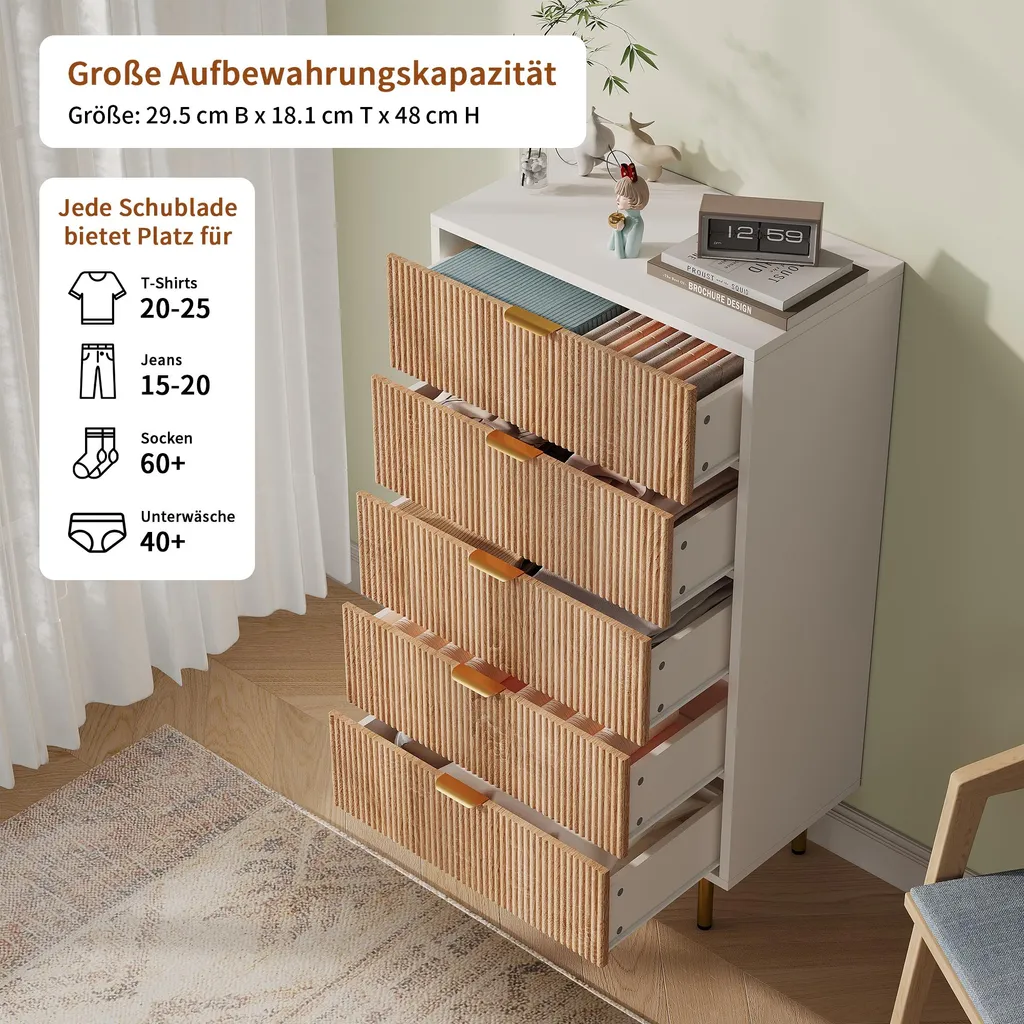 Commode blanche 5 tiroirs avec pieds dorés design scandinave moderne