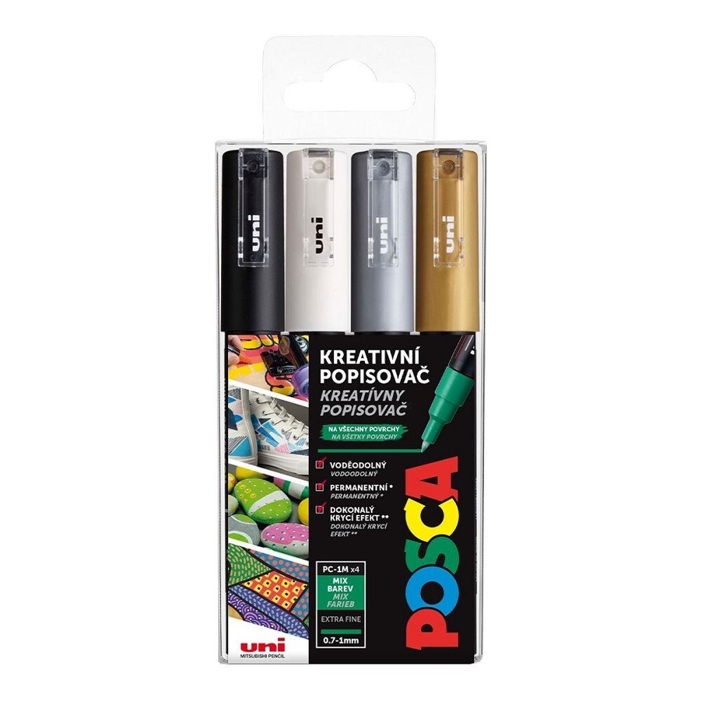 A product shot of a set of four POSCA markers in a clear plastic package.
