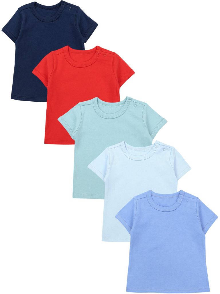 TupTam Baby Jungen Kurzarm T-Shirt mit Aufdruck Unifarben Sterne Streifen 5er Set, Farbe: Rot Dunkelblau Blau Grün Hellblau, Größe: 92