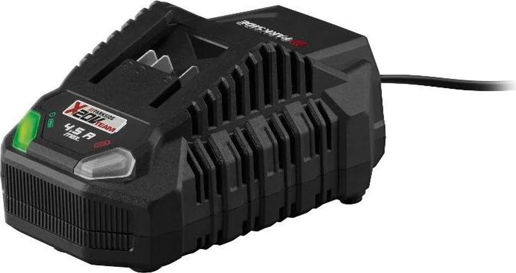 A black battery charger for a power tool is shown against a white background.