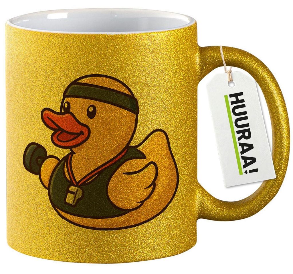 Huuraa Glitzertasse Quietscheente Fitness-Trainer Gummiente Coach 330ml Gold Keramik Kaffeebecher Geschenkidee