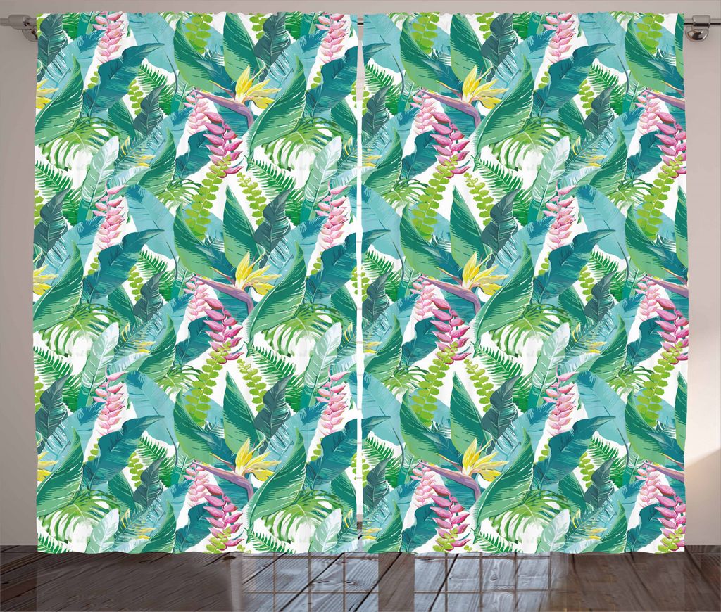 ABAKUHAUS Aquarell Rustikaler Vorhang, Exotische Dschungel Hawaii, Wohnzimmer Universalband Gardinen mit Schlaufen und Haken, 280 x 245 cm, Grün W...