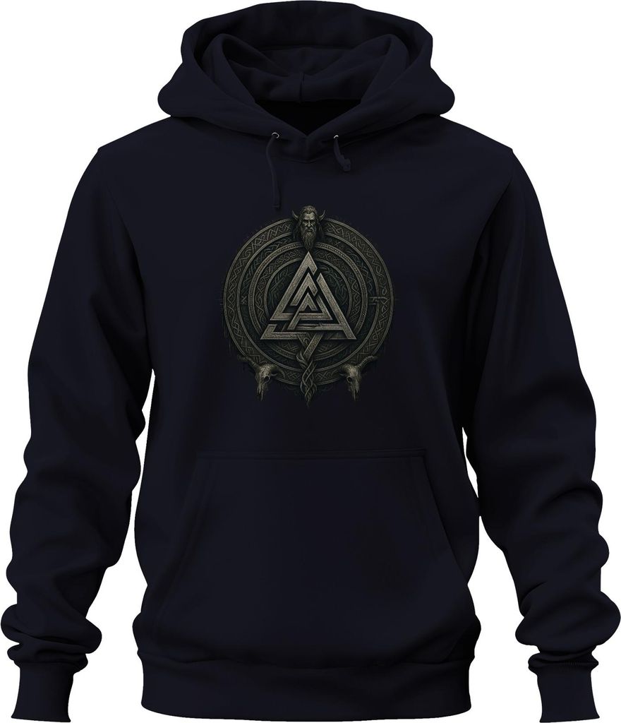 Valknut Odin Wikinger Runenknoten Runensymbol Mythologie Schädel Uni Hoodie Kapuzenpullover, Navy, XXL