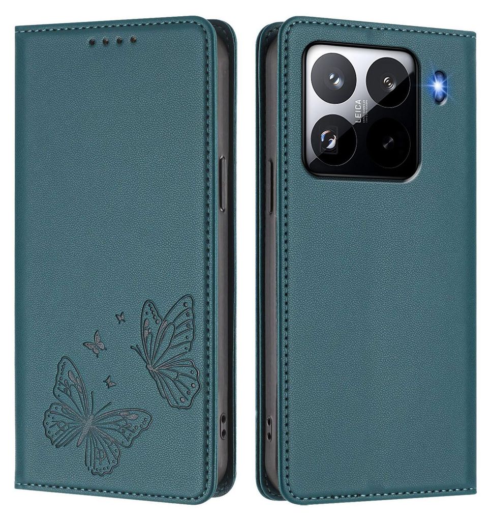 Lederhülle für Xiaomi 15 Pro, Schmetterling Prägung Leder Brieftasche Schutzhülle mit Ständer Grün