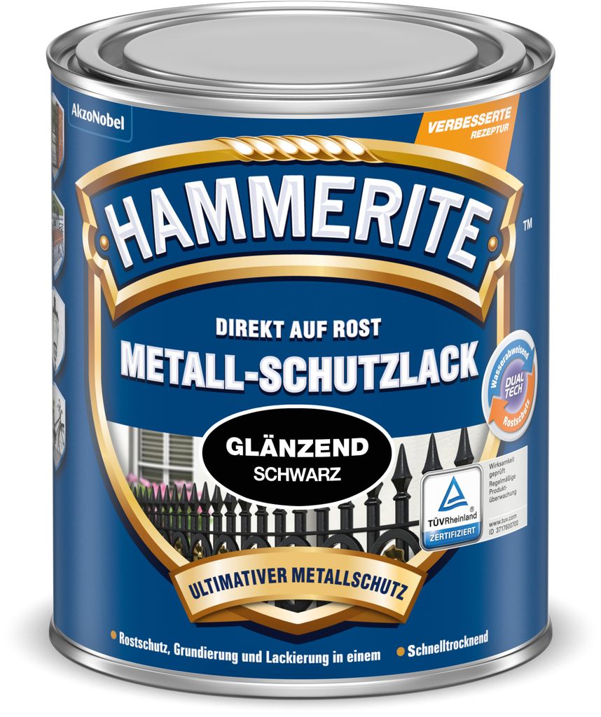 Hammerite Metallschutzlack Glänzend, 3in1 Rostschutz für Metall, Schwarz, 750 ml