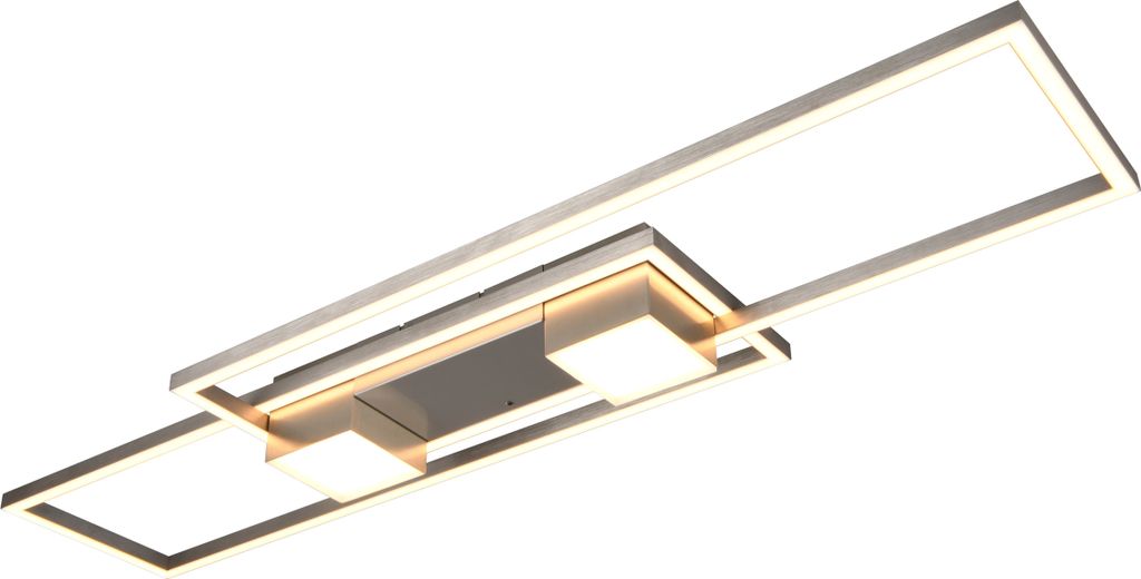 A modern, rectangular ceiling light fixture with multiple illuminated panels and a metallic frame, presented against a white background.