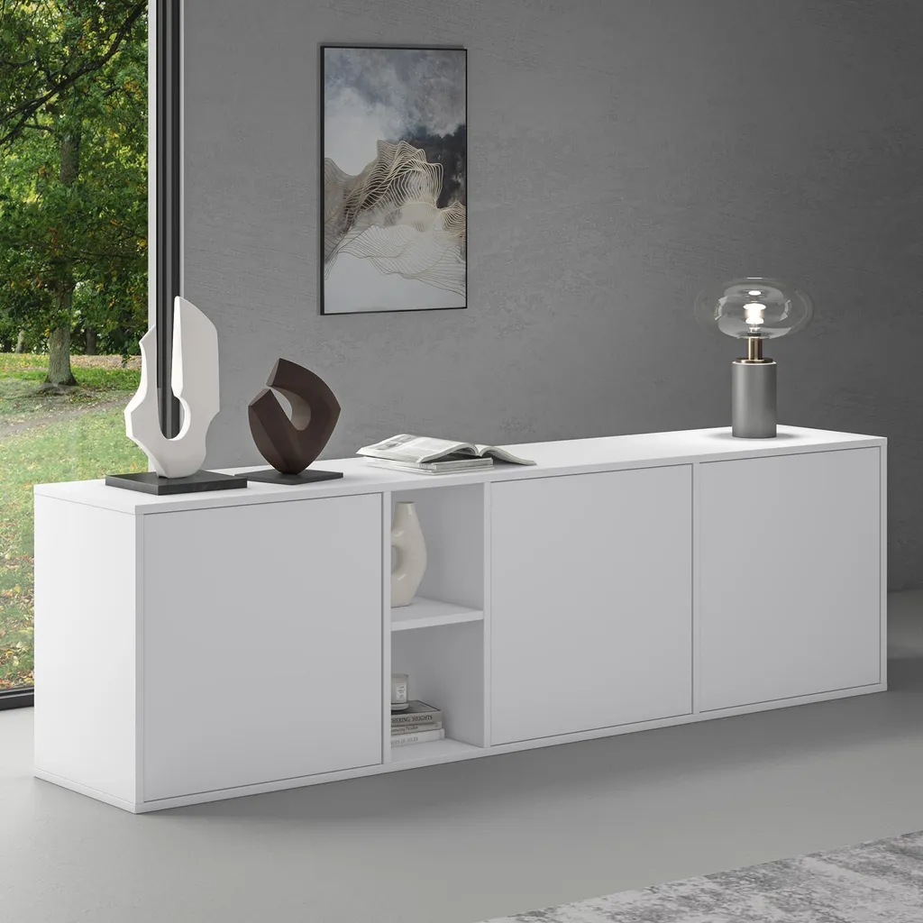 Meuble Bas Gain de Place 180 cm Blanc Mat Buffet Suspendu pour Petit Salon