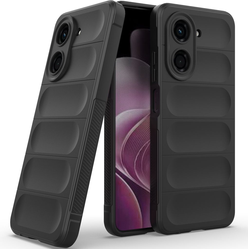 Two black phone cases are shown, one in the foreground and one in the background, with a phone partially visible between them.