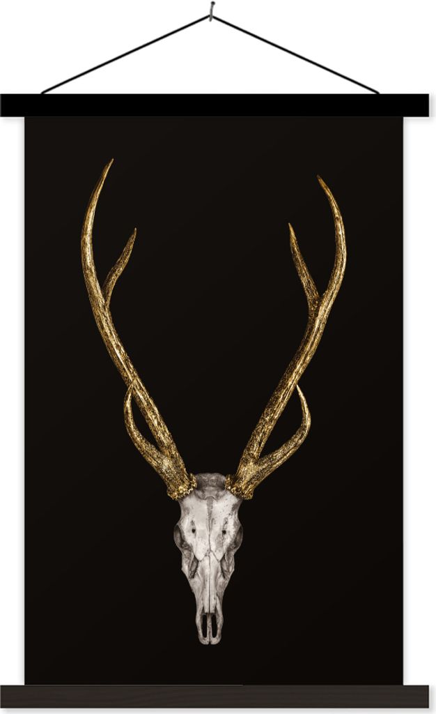 MuchoWow Textilposter Hirsch - Totenkopf - Gold 60x90 cm mit schwarzem Rahmen - Poster Wohnzimmer