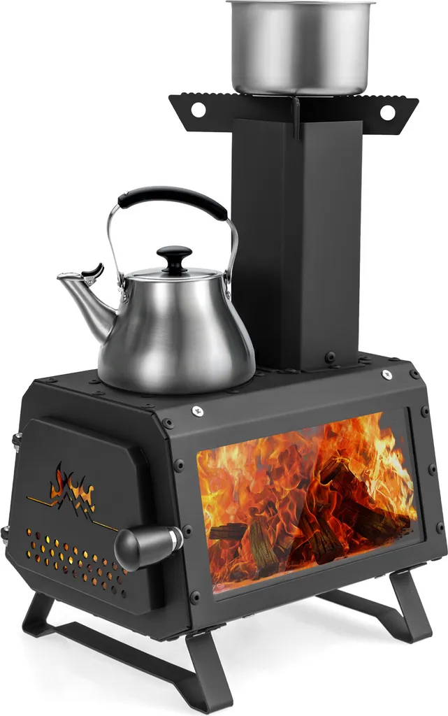 COSTWAY Poêle Fusée Outdoor avec 2 Zones de Cuisson et Vitre Thermique