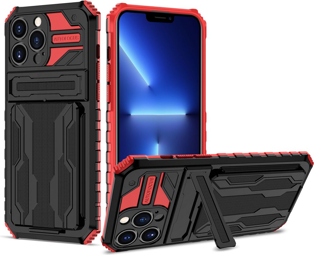 iPhone 13 Pro Max Hülle, Hybrid Robust Schutz Stoßfest Schutzhülle mit Kartenhalter Ständer für iPhone 13 Pro Max Rot