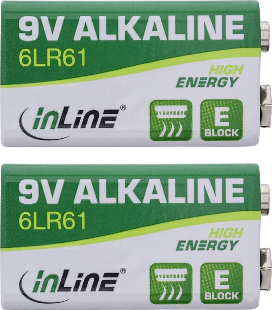InLine Alkaline High Energy Batterie, 9V Block 6LR61, 2er Pack