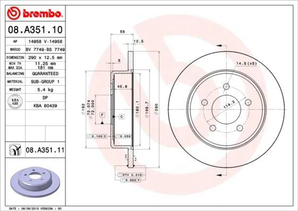 Stopper les vibrations : Disque de frein Brembo 08.A351.11 Voyager IV