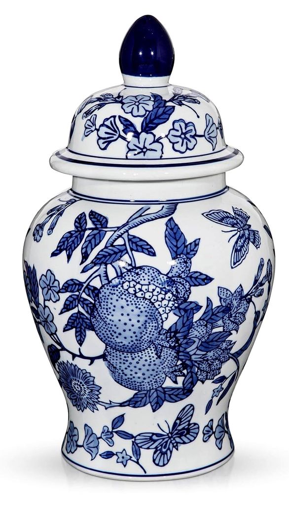 Blau-Weiße Porzellan-Deckelvase im Chinoiserie-Stil
