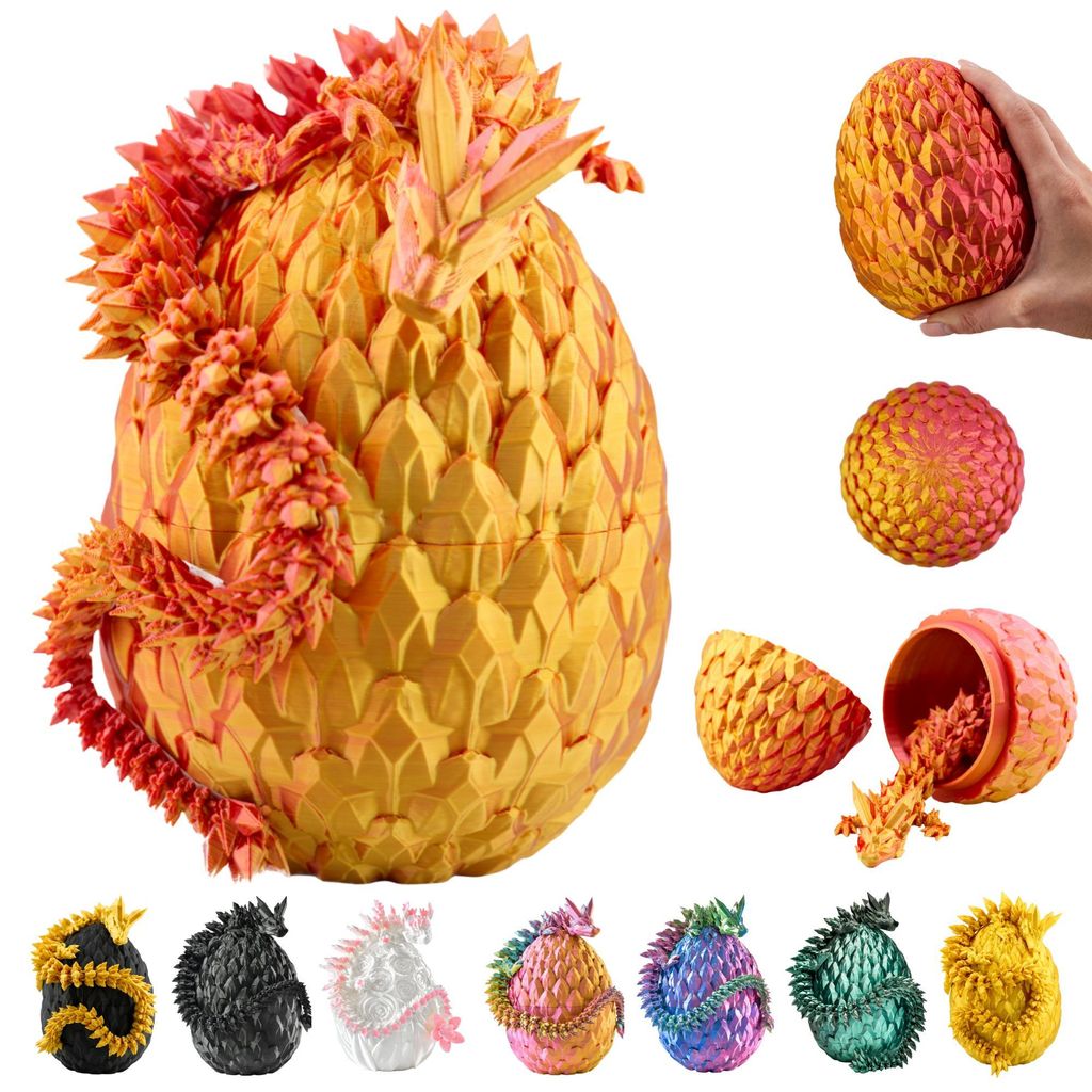 A collage of dragon egg figures in various colors, with a large dragon egg in the foreground.