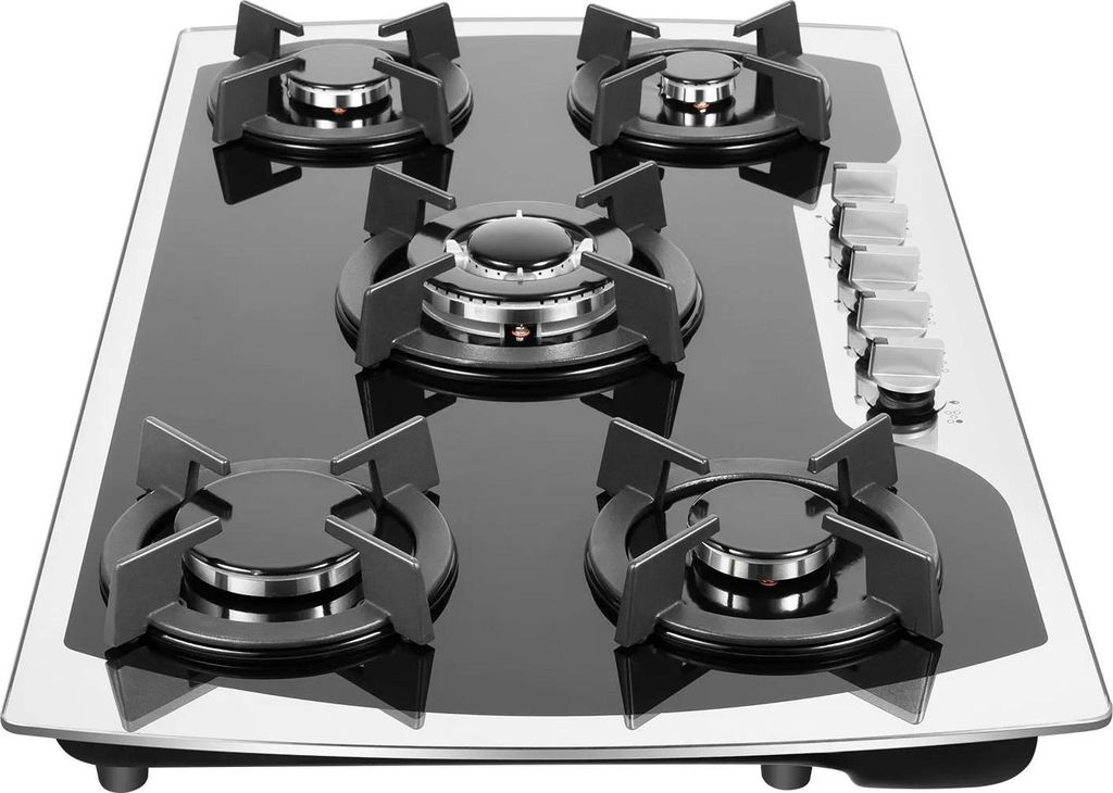 Einbau-Gaskochfeld - 5 Brenner - Flüssiggas/Erdgas-kompatibel - Für Haushalt und Gastronomie - Schwarz