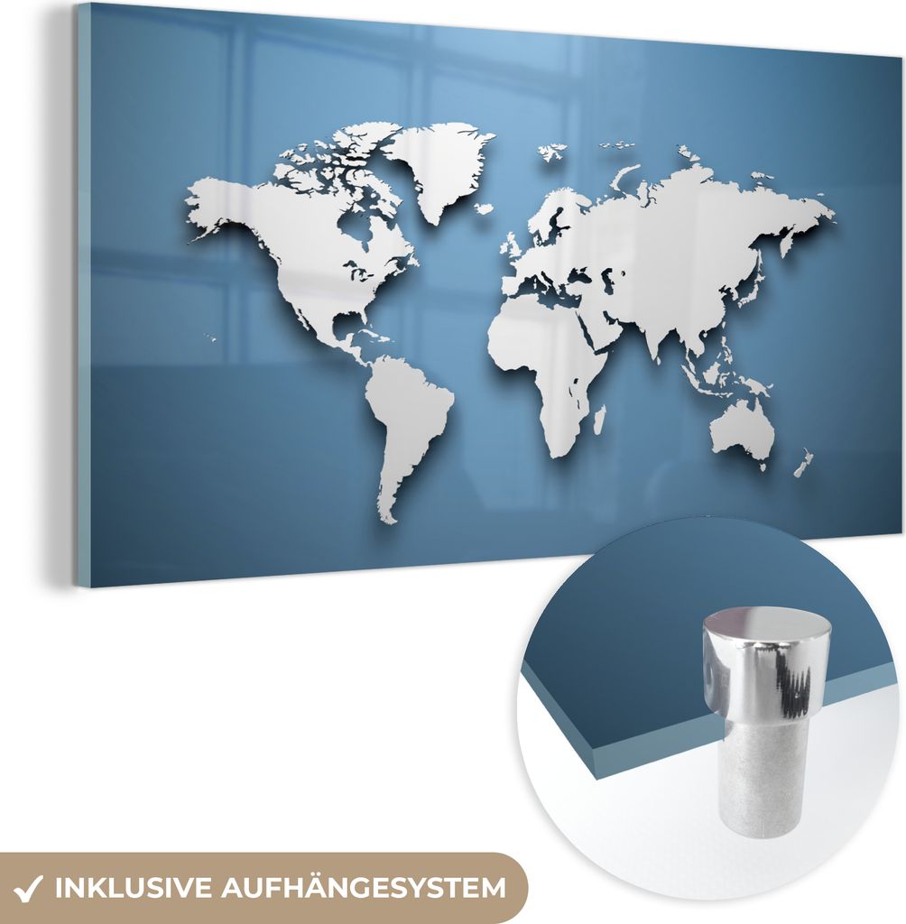 MuchoWow Glasbilder - Bilder auf Wandbild - Foto auf Glas Weltkarte - Blau - Weiß - Einfach 120x60 cm Wanddekoration aus Glas - Acrylglasbild - Ac...
